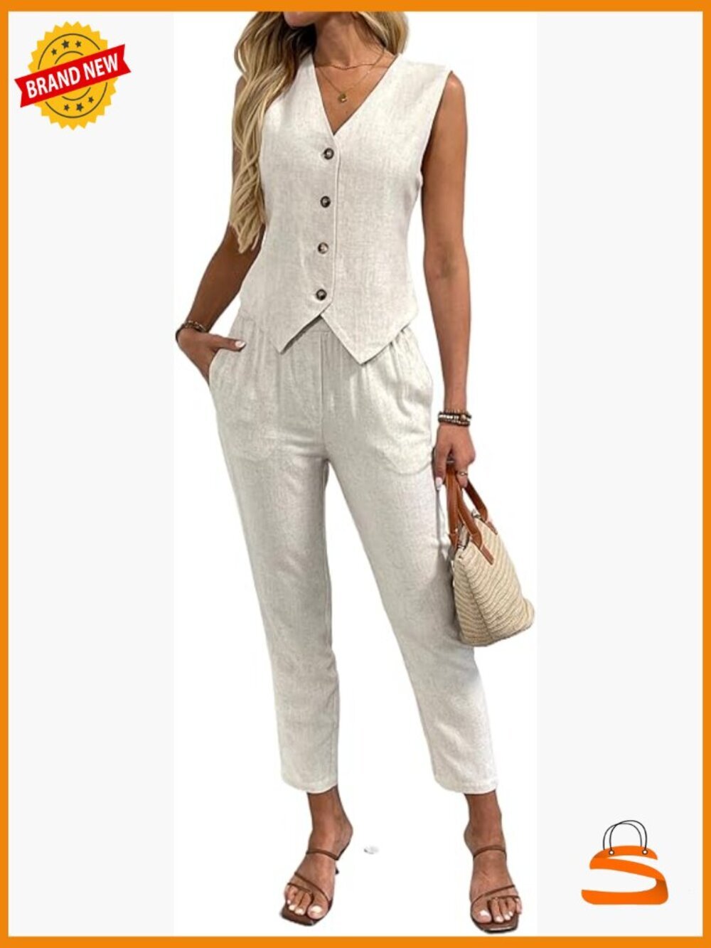 Linen Blend 2 Piece Suit Set - Crop Vest & Tapered Pants - Business Casual